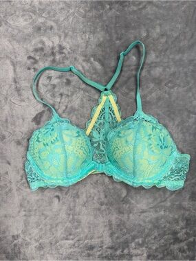 Teal Lace Date Racerback Bra with Yellow Trim